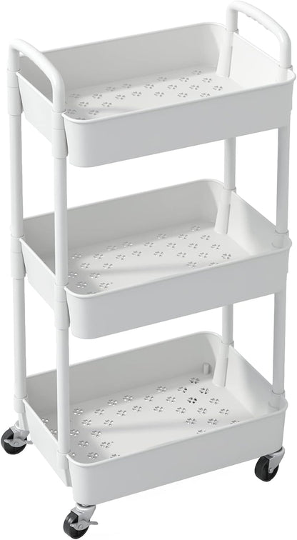 Sywhitta 3-Tier Movable Organizer with Wheels, Living Room Side Table Decor for Plants and Decor Accents, White