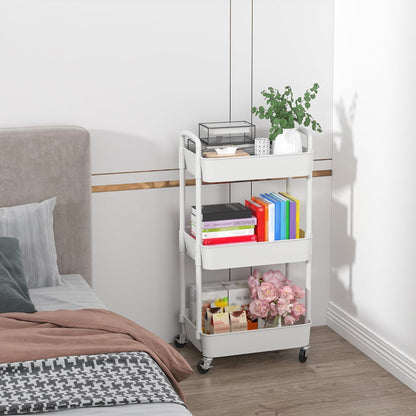 Sywhitta 3-Tier Movable Organizer with Wheels, Living Room Side Table Decor for Plants and Decor Accents, White