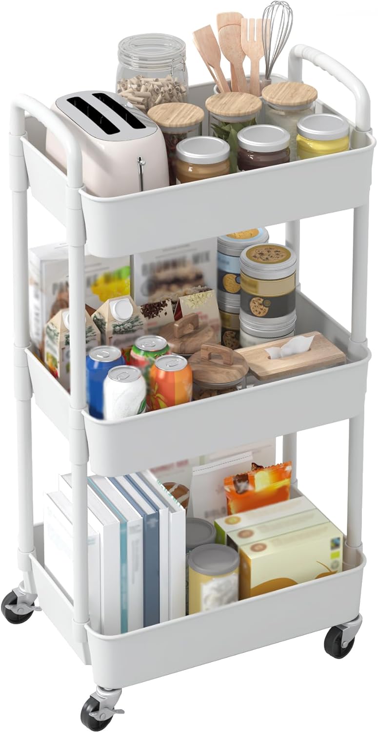 Sywhitta 3-Tier Movable Organizer with Wheels, Living Room Side Table Decor for Plants and Decor Accents, White