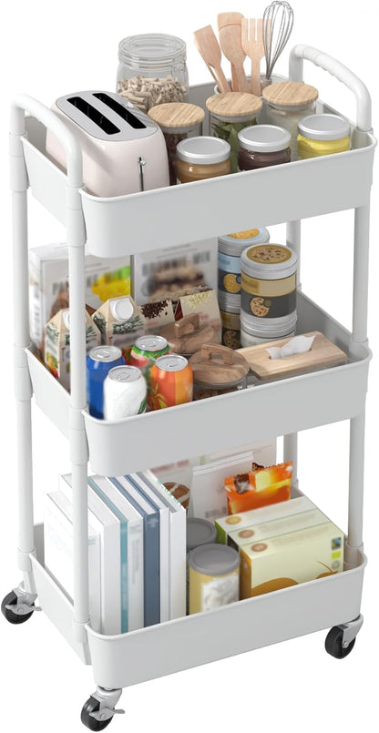 Sywhitta 3-Tier Movable Organizer with Wheels, Living Room Side Table Decor for Plants and Decor Accents, White