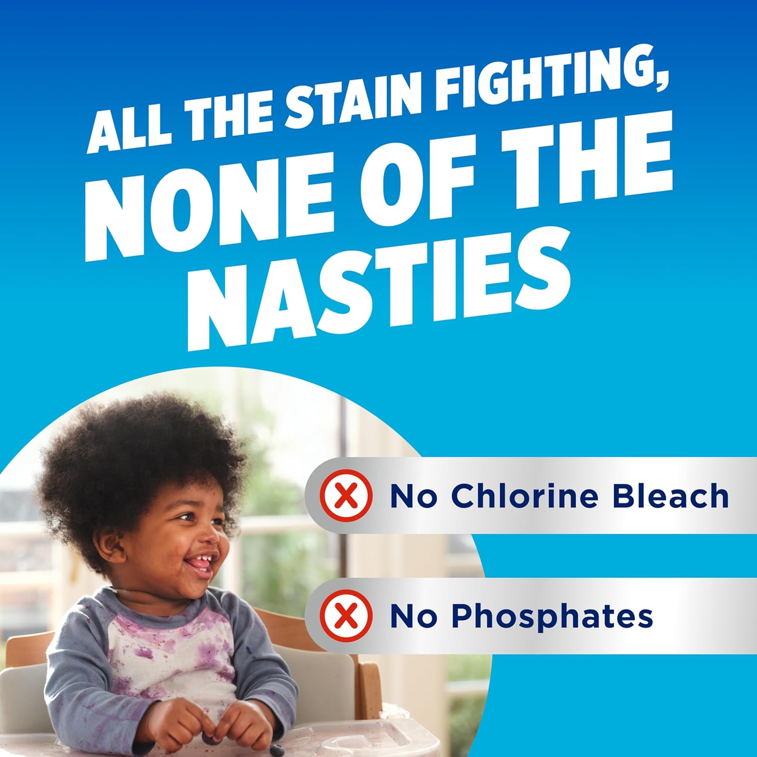 targets 14+ specific stain types including berries, baby food, grass, mud, blood, ink, and washable paint