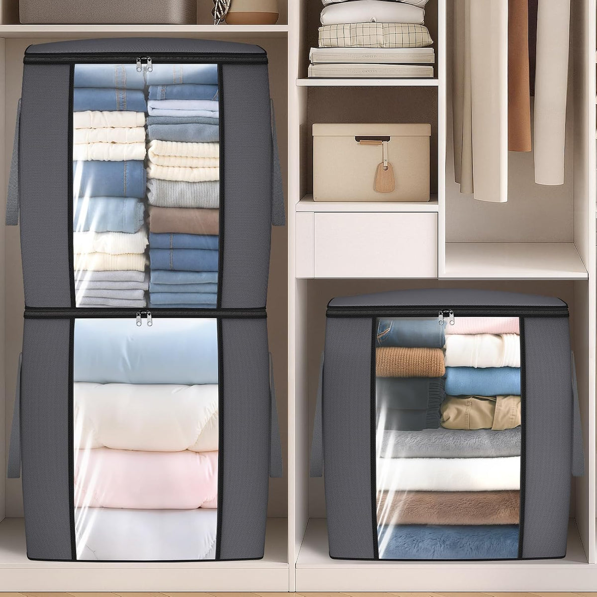 TasticTotes Oversized Blanket Storage Tote – Decorative Gray Fabric Bin for Seasonal Bedding and Cozy Home Atmosphere