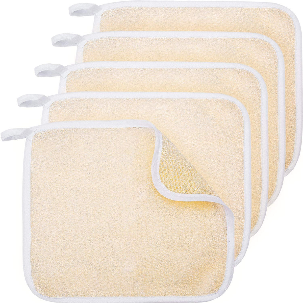 Tatuo 5 Pcs Exfoliating Face and Body Wash Cloths Towel Weave Bath Exfoliating Scrub Massage Bath Cloth for Women and Men, 10.63 x 9.05 Inch(Beige Edge)