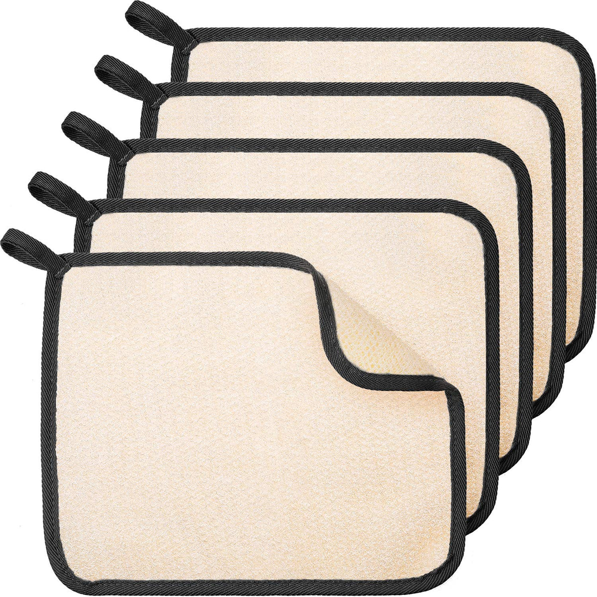 Tatuo 5 Pcs Exfoliating Face and Body Wash Cloths Towel Weave Bath Exfoliating Scrub Massage Bath Cloth for Women and Men, 10.63 x 9.05 Inch (Black Edge)