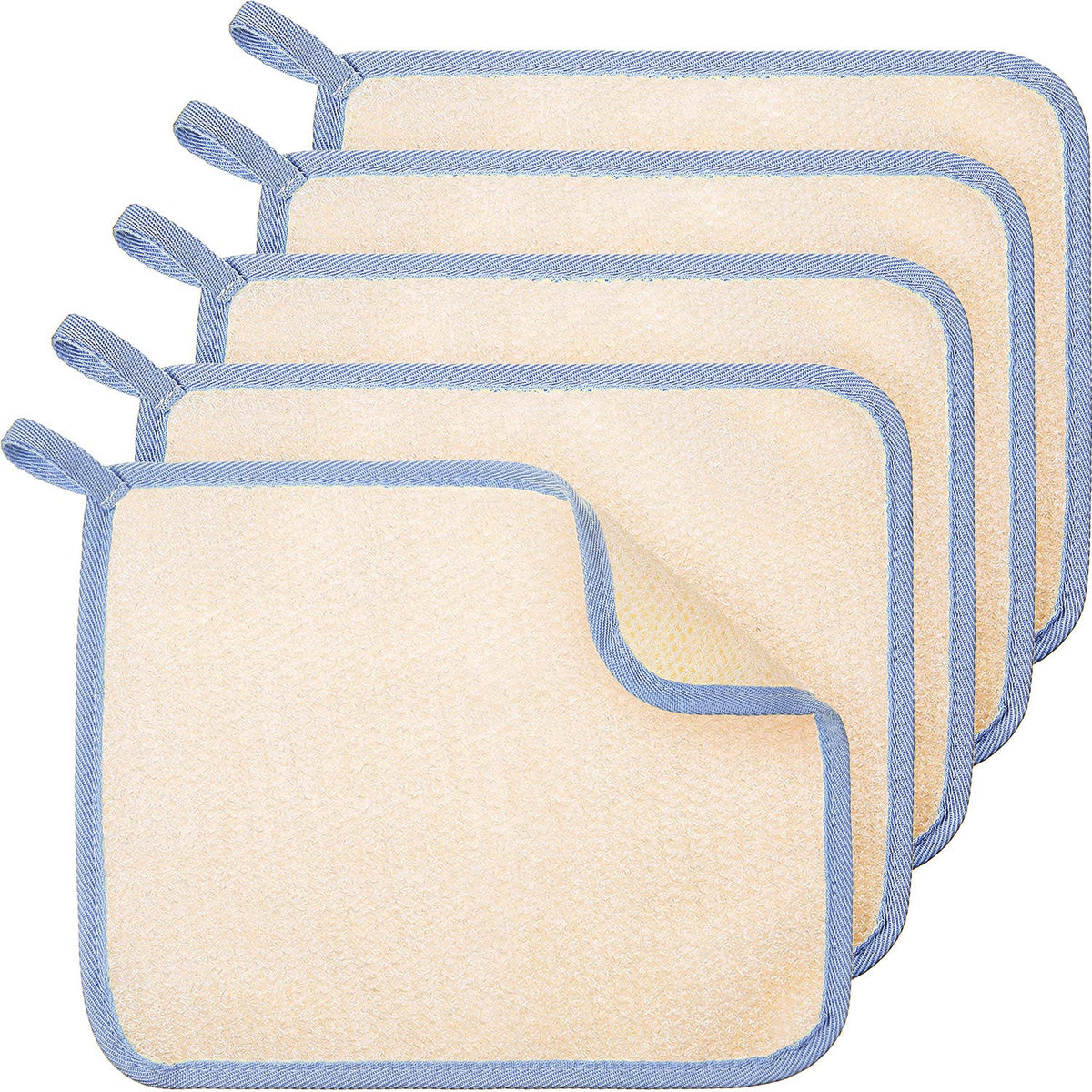 Tatuo 5 Pcs Exfoliating Face and Body Wash Cloths Towel Weave Bath Exfoliating Scrub Massage Bath Cloth for Women and Men, 10.63 x 9.05 Inch(Blue Edge)
