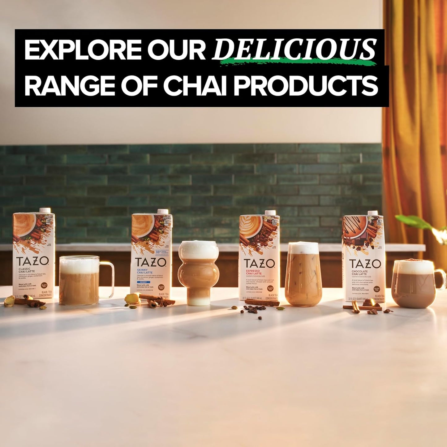 TAZO Premium Organic Decaf Chai Latte Concentrate for At-Home Barista Craft, 32 oz Shelf-Stable Black Tea Carton for Elevated Entertaining