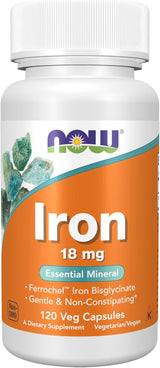 NOW Foods Iron 18 mg Ferrochel – Single-Bottle Iron for Clutter-Free Supplement Counters, 120 Veg Capsules