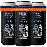 NIVEA MEN Real Madrid Charcoal 3-in-1 Shower Gel – Calming Vanilla Bourbon Self-Care Ritual After the Game