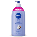 NIVEA Shea Nourish Body Lotion for Dry Skin – Clean-Looking Pump Bottle for Streamlined Vanities, 33.8 Fl Oz