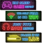 4 Pcs Printed Neon Gaming Posters – Family-Friendly Game Themed Signs for Boys Bedroom and Nursery Room