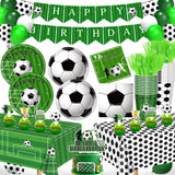 Brand Name Soccer Party Decorations – Complete 143-Piece Set for Children Ages 5-12, Eco-Friendly Disposable Plates Banner Balloons for Backyard Birthday