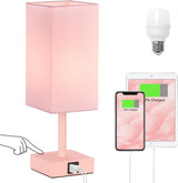 Ambimall Touch Table Lamp – Pink Bedroom Decor Accent with Warm White Glow, Fabric Shade and Matte White Base