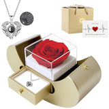 Crystalaxy Bedroom Rose Display – Preserved Eternal Bloom and I Love You Pendant Necklace, Cozy Nightstand Accent for Her