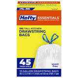 Hefty Essentials Drawstring 13 Gallon Tall Kitchen Trash Bags – Unscented White Bags for Family Kitchens, Child-Safe Cleanup, and Odor-Free Homes, Bulk Pack