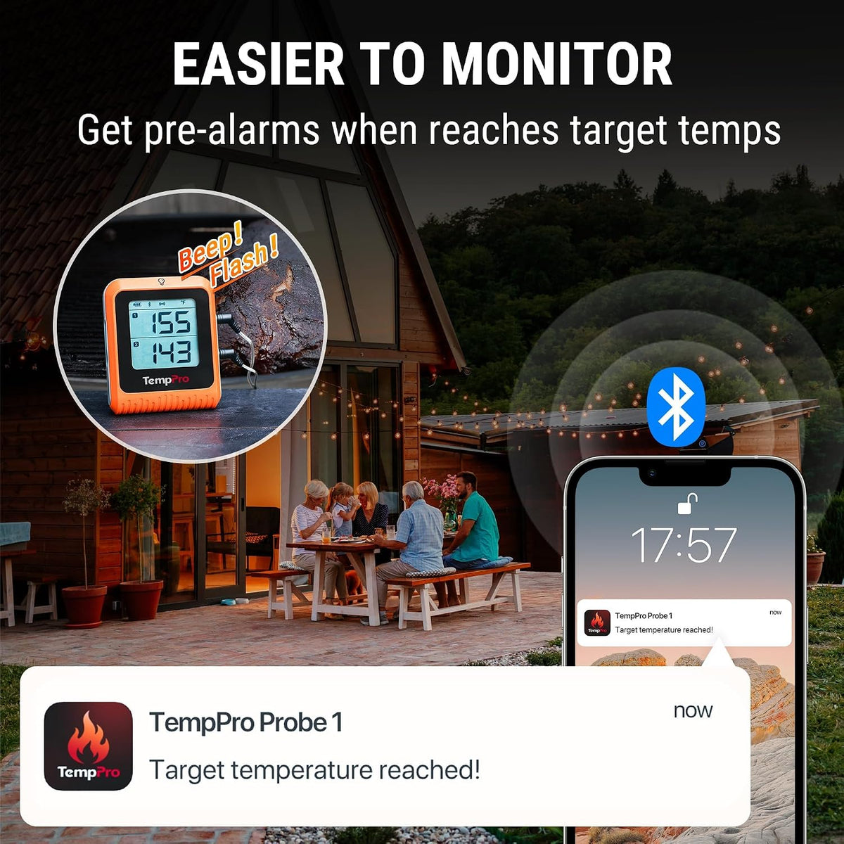 TempPro TempSync Rechargeable Bluetooth Probe Thermometer – Streamline Weeknight Dinners and Weekend Cookouts with Real-Time Alerts