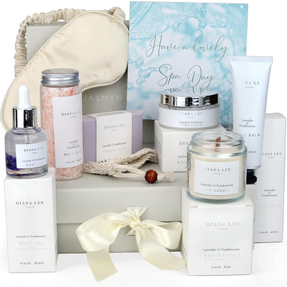 ten-piece curated set including wooden wick candle, amethyst body oil, and himalayan bath salts