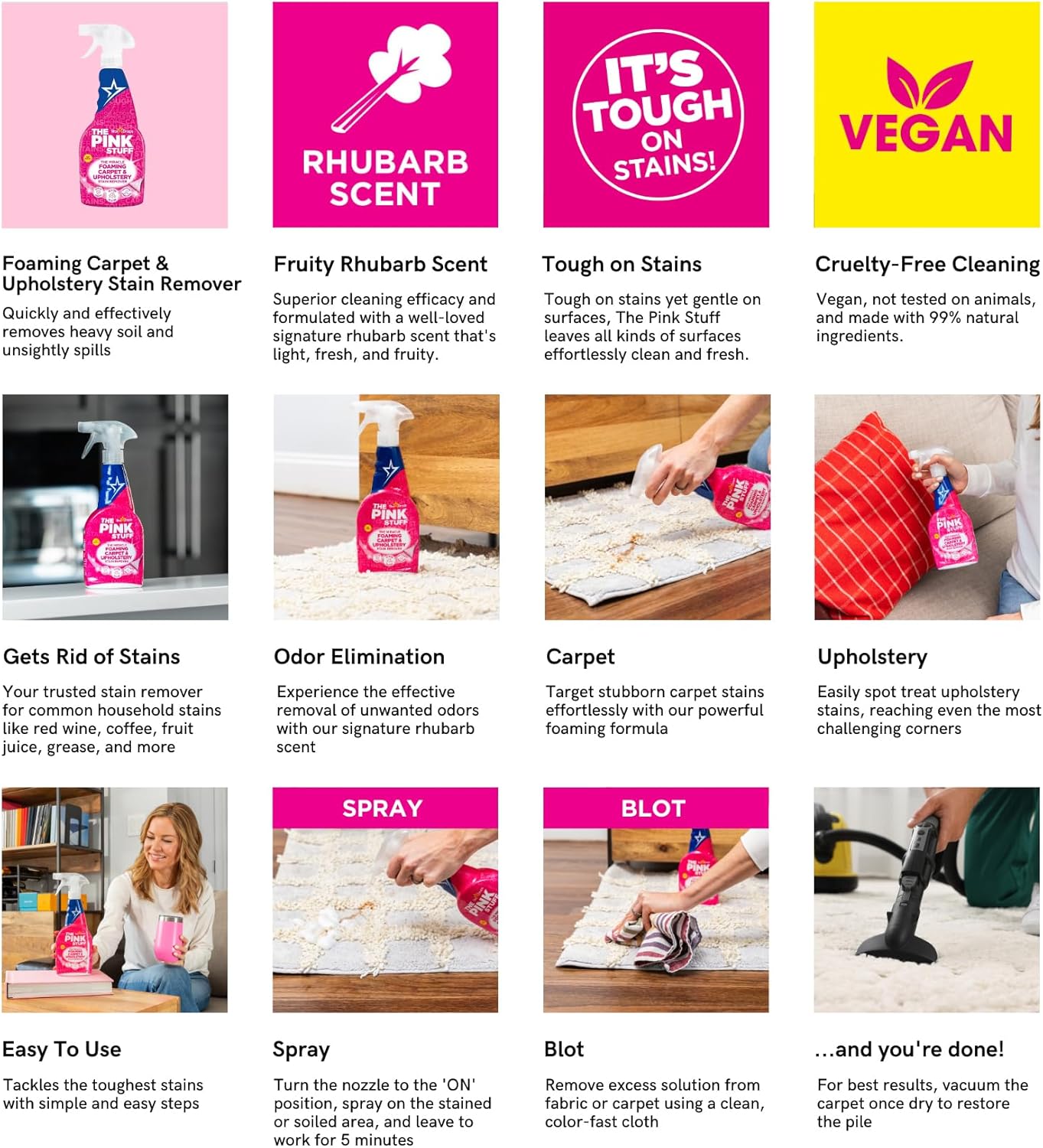 The Pink Stuff Miracle Foaming Carpet & Upholstery Stain Remover for Home Office Carpets, Quick-Dry Spot Treatment