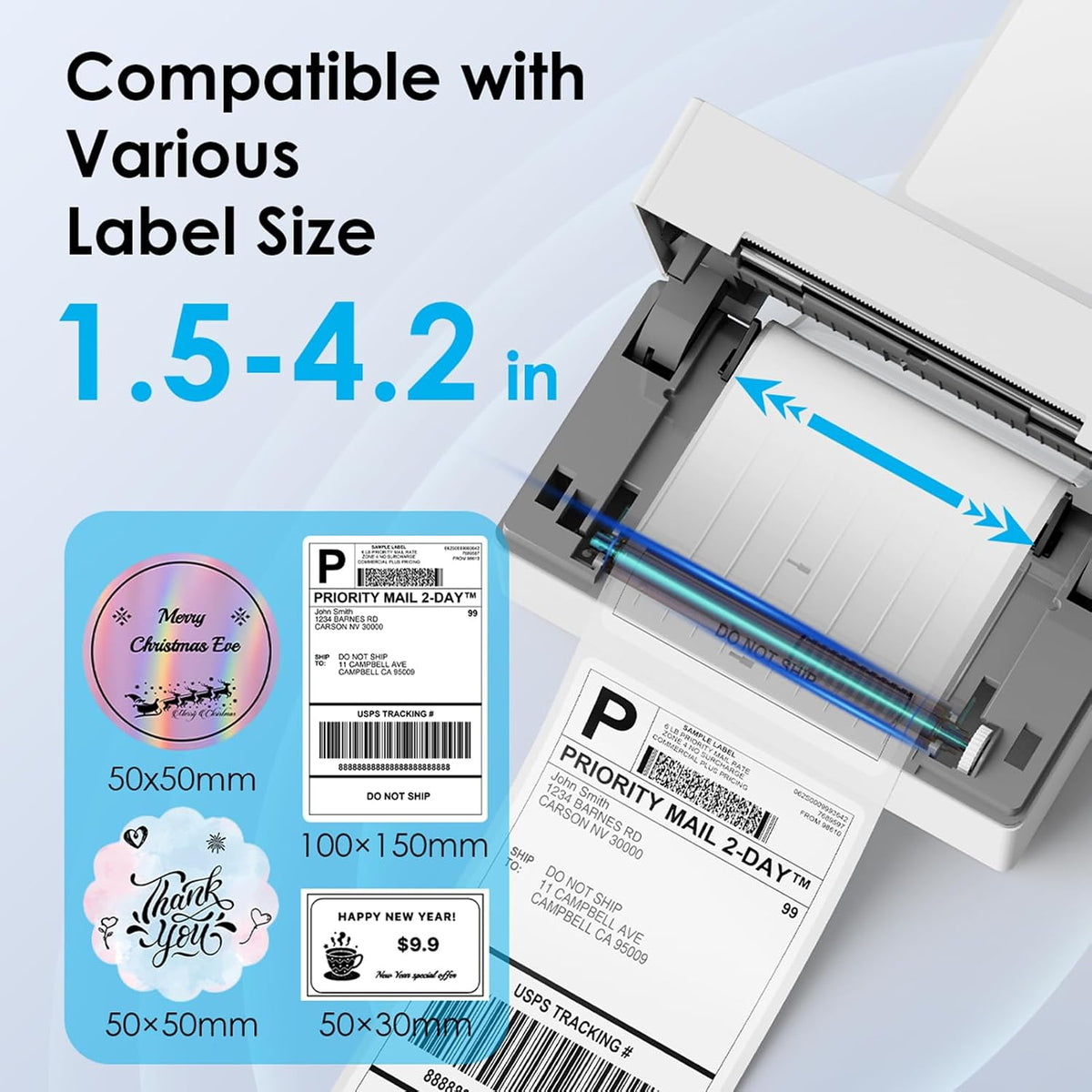 thermal printing at 180 mm/s (60 ppm) with 203 dpi resolution, eliminating ink/toner