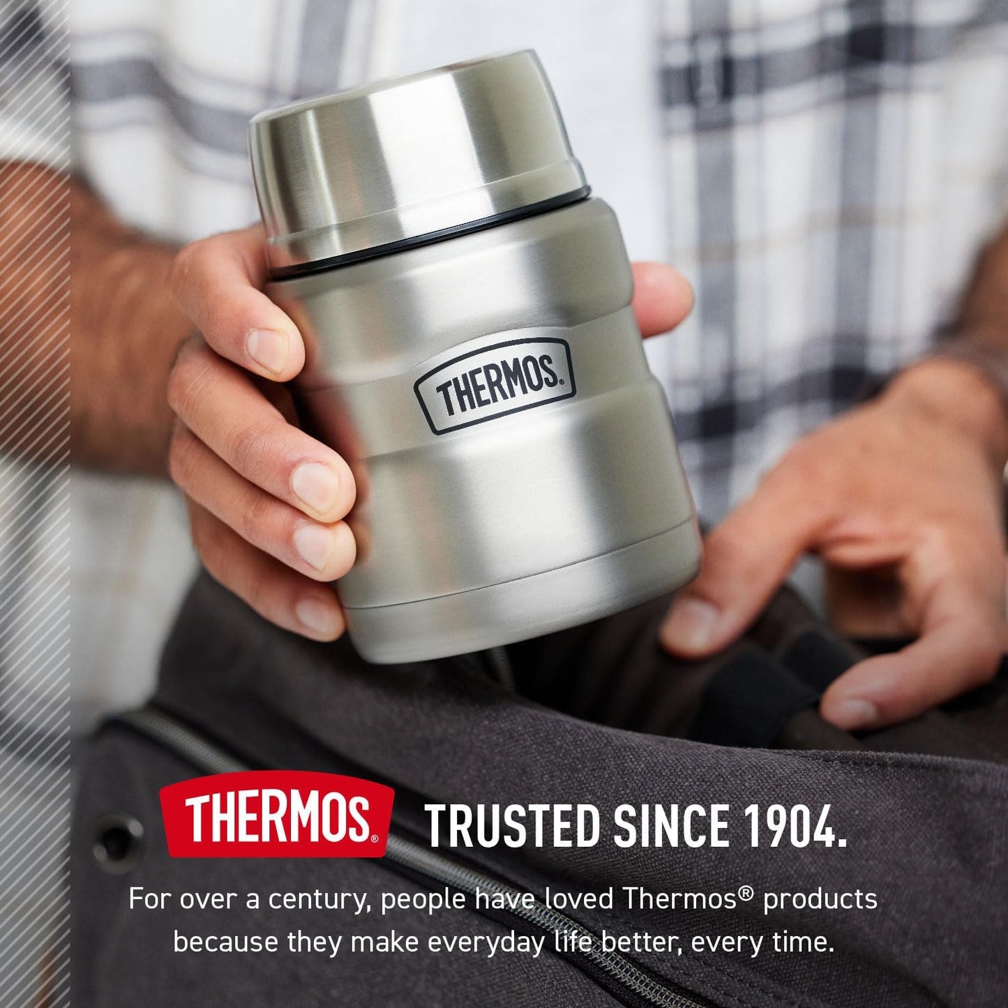 THERMOS Stainless King Vacuum-Insulated Food Jar with Spoon – Camping and Hiking Hot Meal Container, 16 oz Midnight Blue