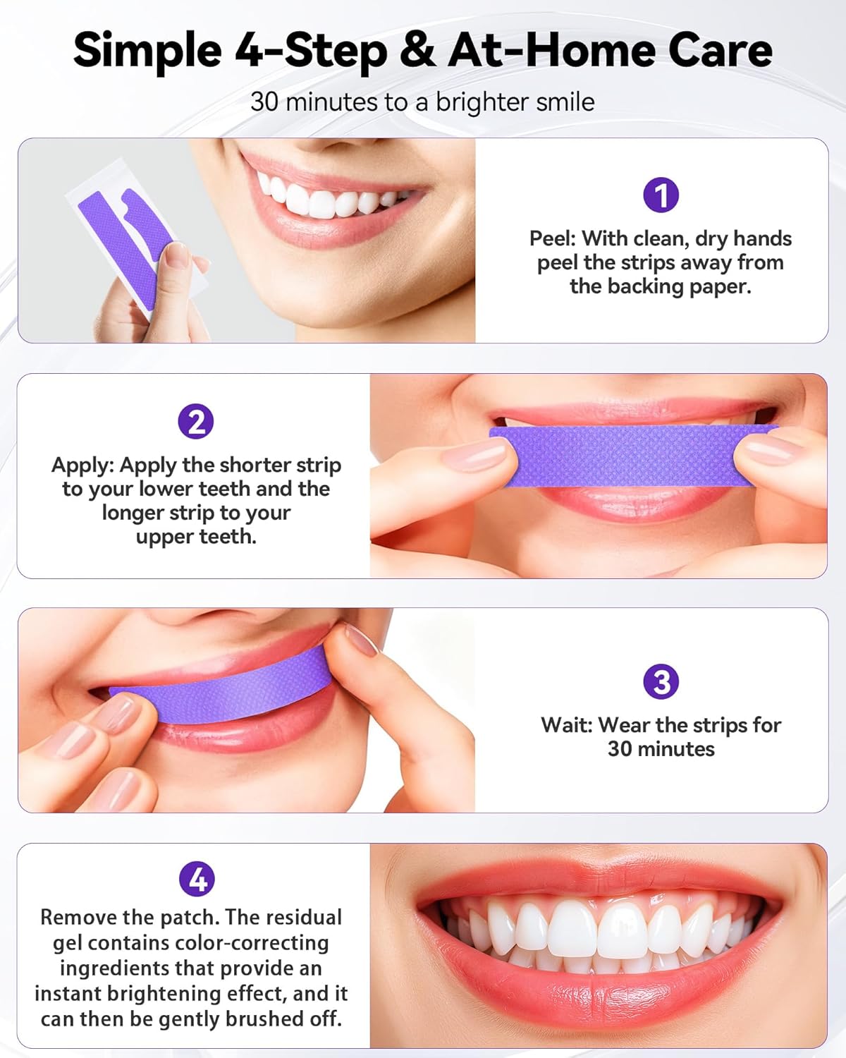thin, flexible strip design that conforms to tooth contours for 30-minute wear