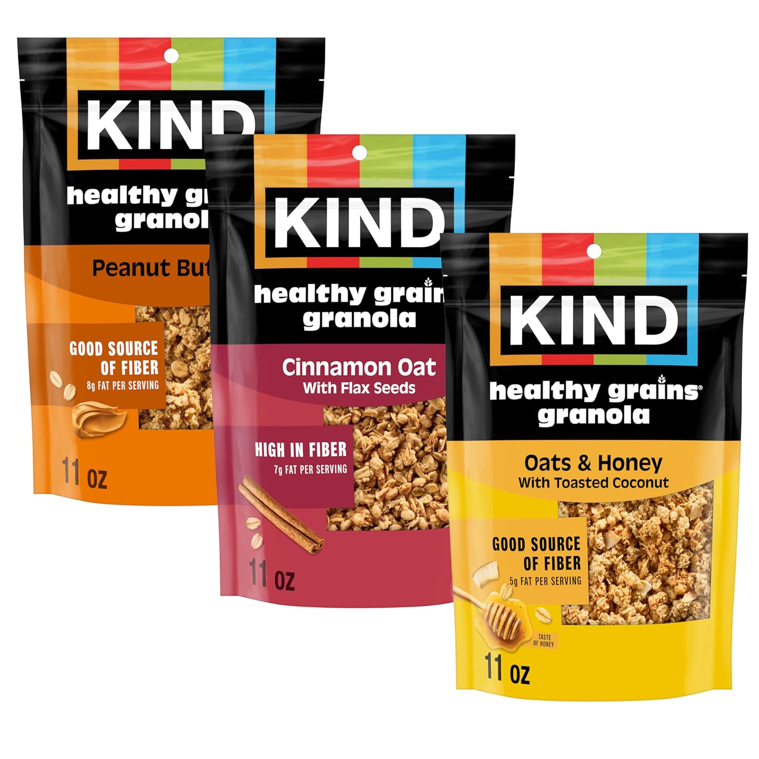 three 11oz resealable bags: peanut butter, honey & oats with toasted coconut, cinnamon oat with flax seeds