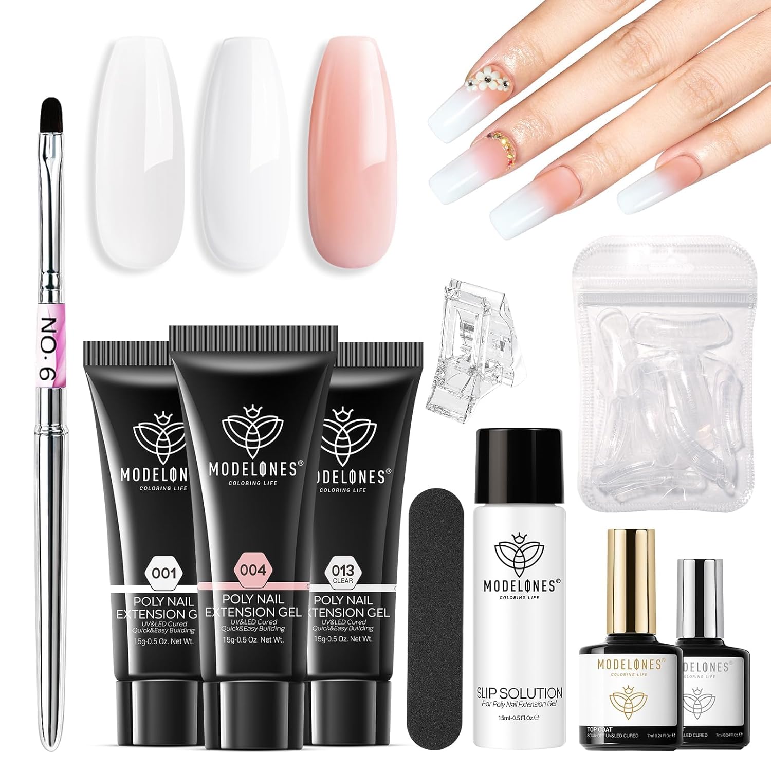 three 15ml poly gel colors (clear, white, light apricot) for versatile base sculpting