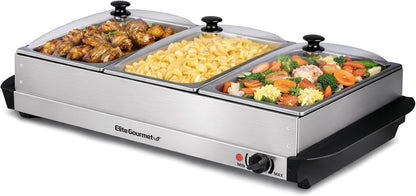 three 2.5-quart brushed stainless steel buffet trays (7.5-quart total capacity; 5-quart variant available)