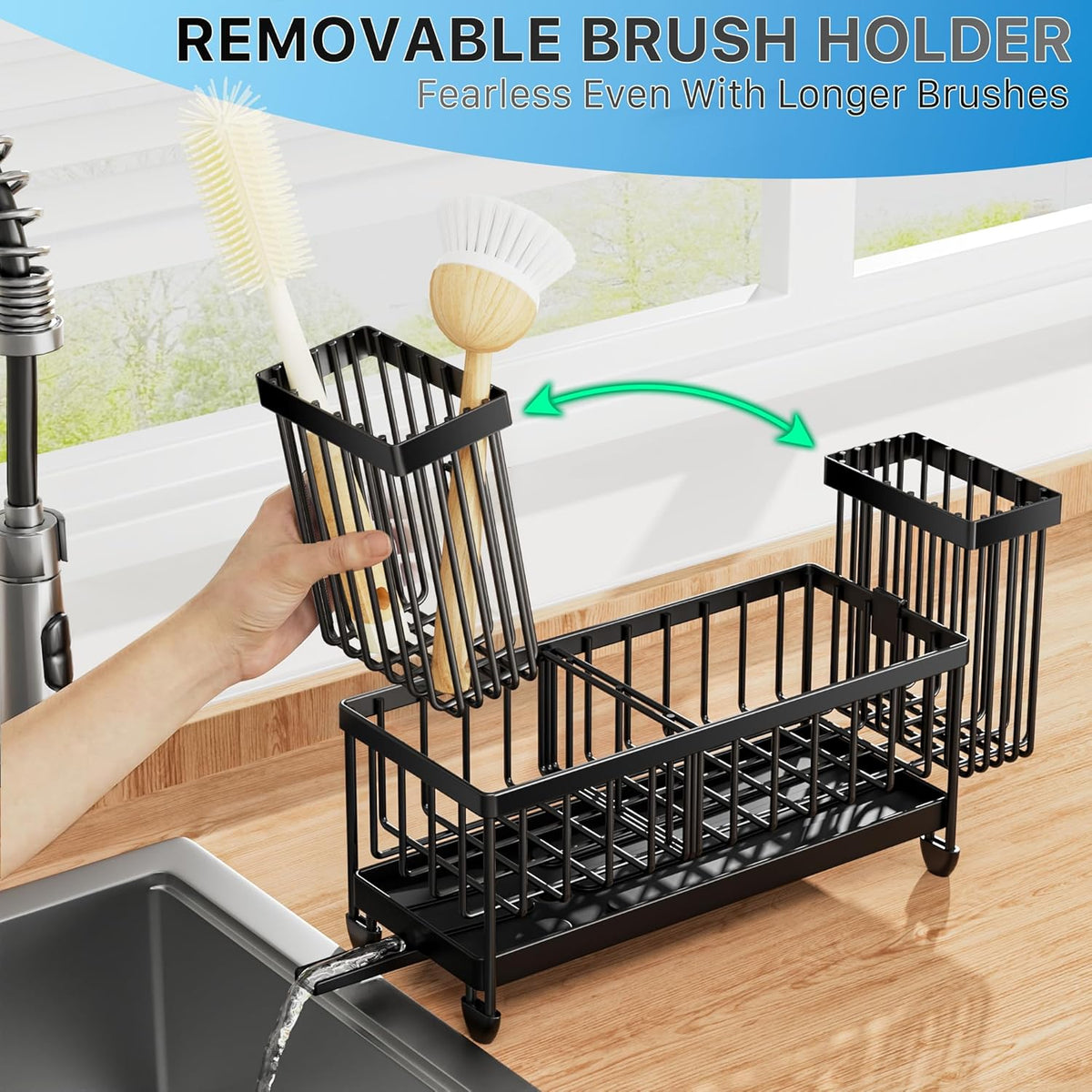three-compartment ergonomic divider with separate sponge, brush, and accessory zones