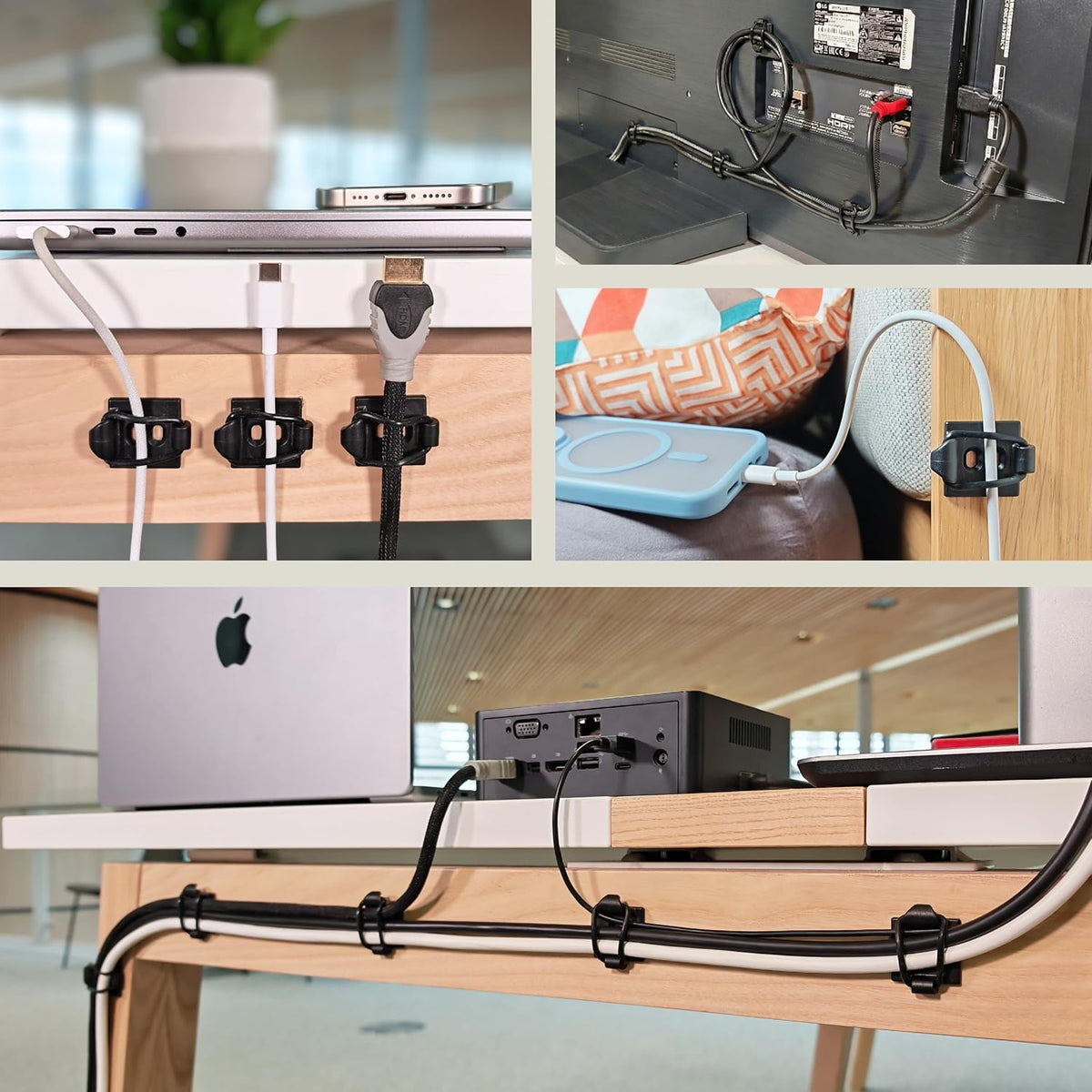 three-in-one mounting kit: high-bond adhesive pads, screws, and zip ties
