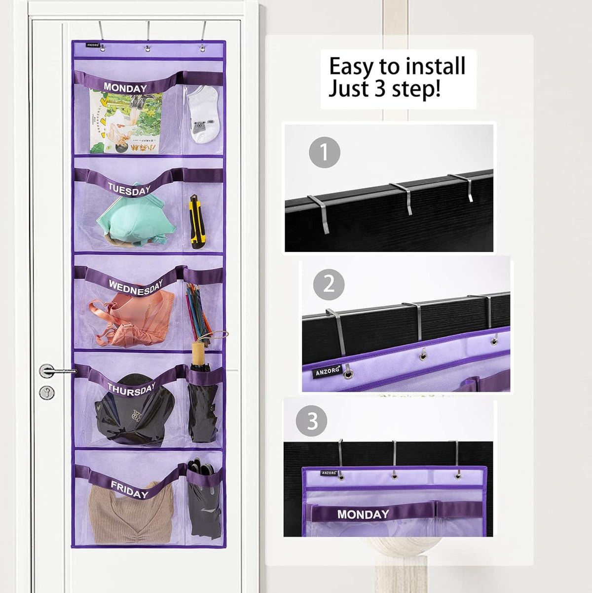 three included over-door hooks compatible with standard doors (no tools required)
