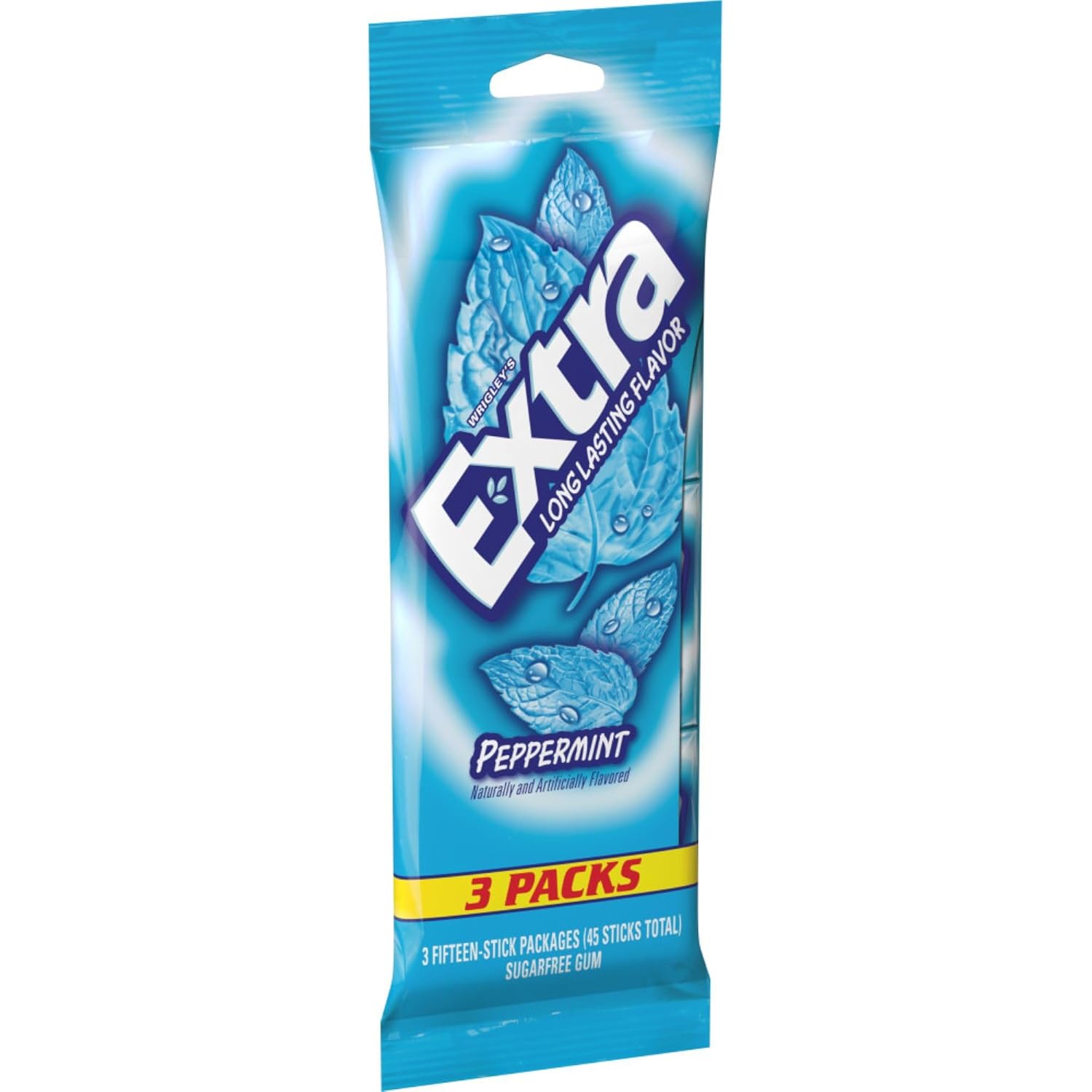 three individually wrapped 15-stick packs totaling 45 sticks of gum