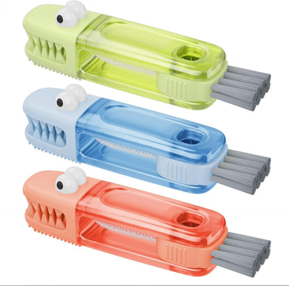 three interchangeable brush heads: u-shaped silicone, stranded slit, and stiff-bristle corner