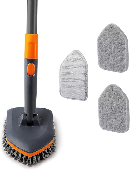 three interchangeable cleaning heads: stiff bristle brush, dual scouring pads, and a gentle microfiber pad