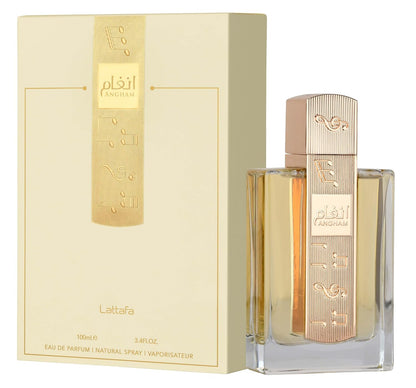 three-layer fragrance pyramid: mandarin/ginger/pink pepper top, praline/lavender/cacao middle, musk/amber/vanilla base