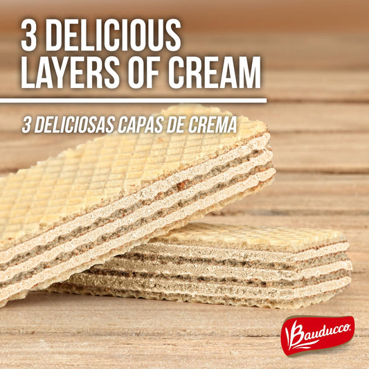 three layers of vanilla cream filling between crispy wafer sheets