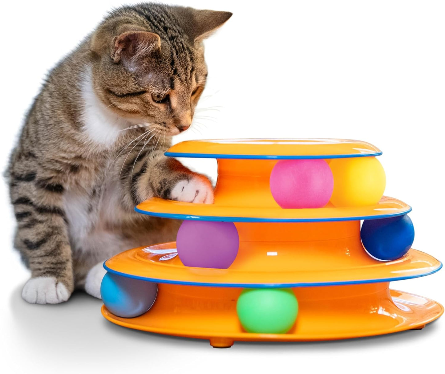 three-level stacked circular track design with 6 brightly colored spinning balls