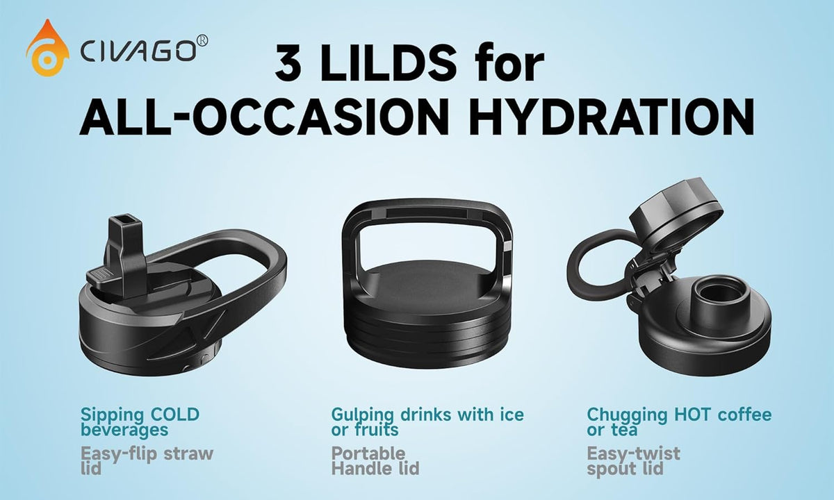 three lids included: flip-up straw lid, twist spout lid, and portable handle lid