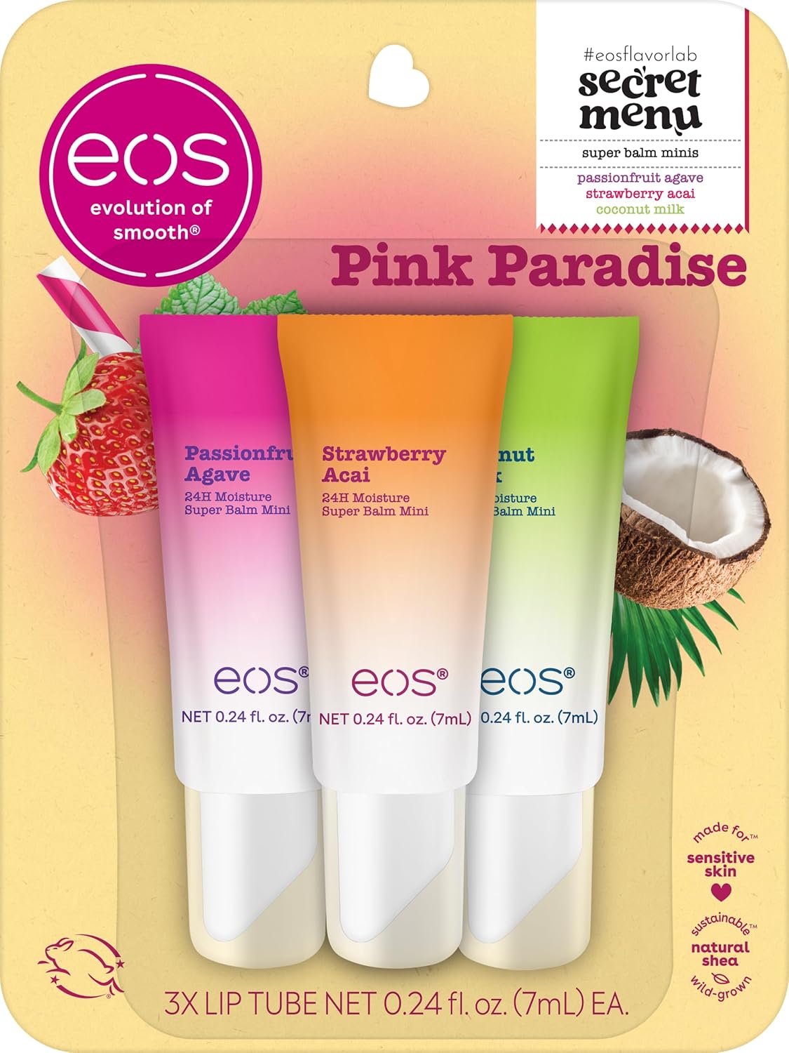 three mini 0.169 fl oz tubes in pink paradise flavor trio (passionfruit agave, strawberry acai, coconut milk)