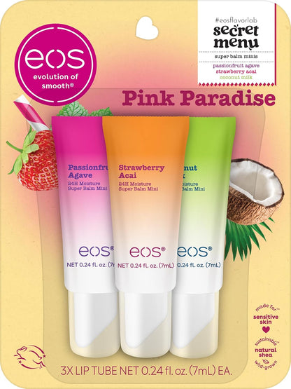 three mini 0.169 fl oz tubes in pink paradise flavor trio (passionfruit agave, strawberry acai, coconut milk)