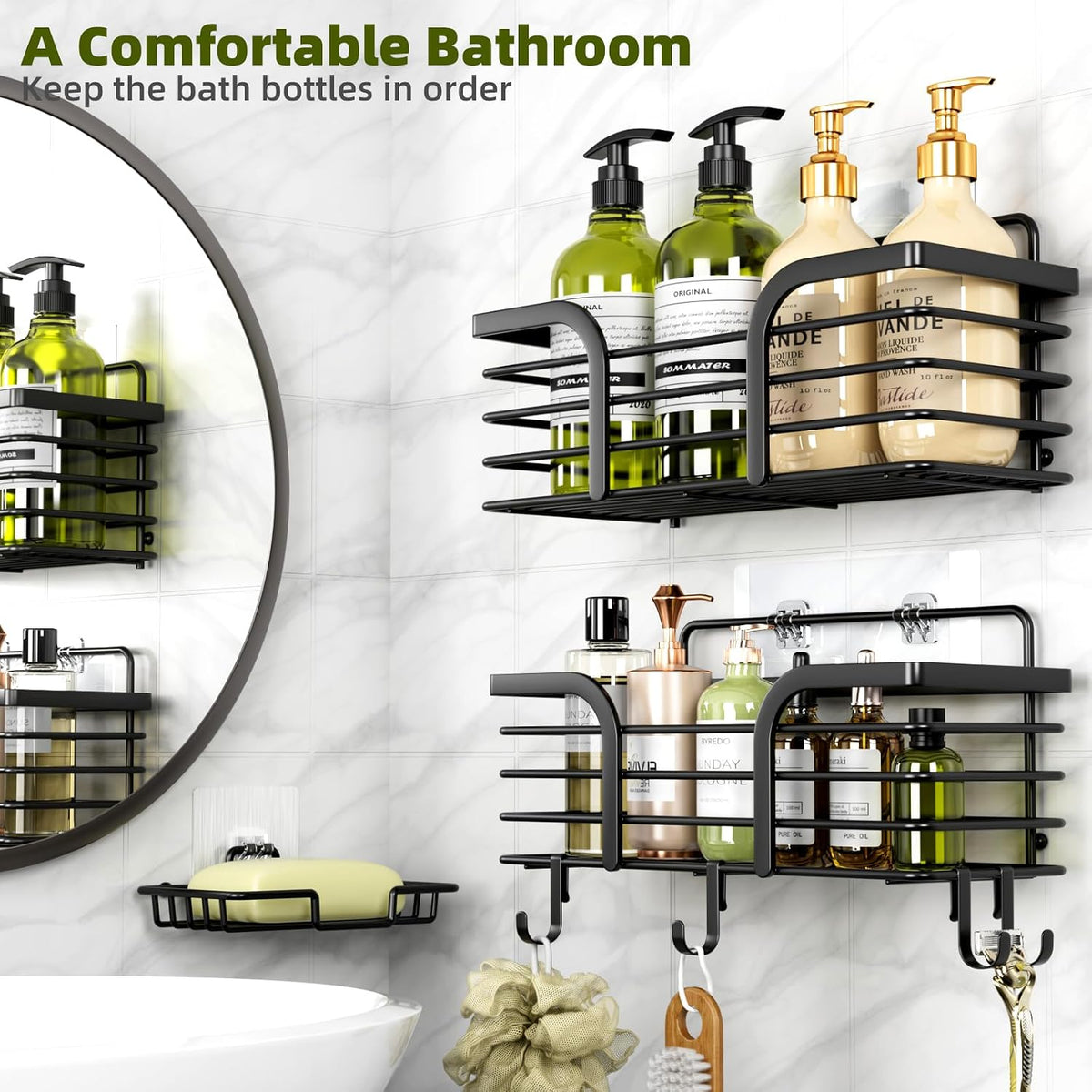 three-pack configuration: large shelf (11.5"l), middle shelf (9.8"l), and soap holder (5.5"l)