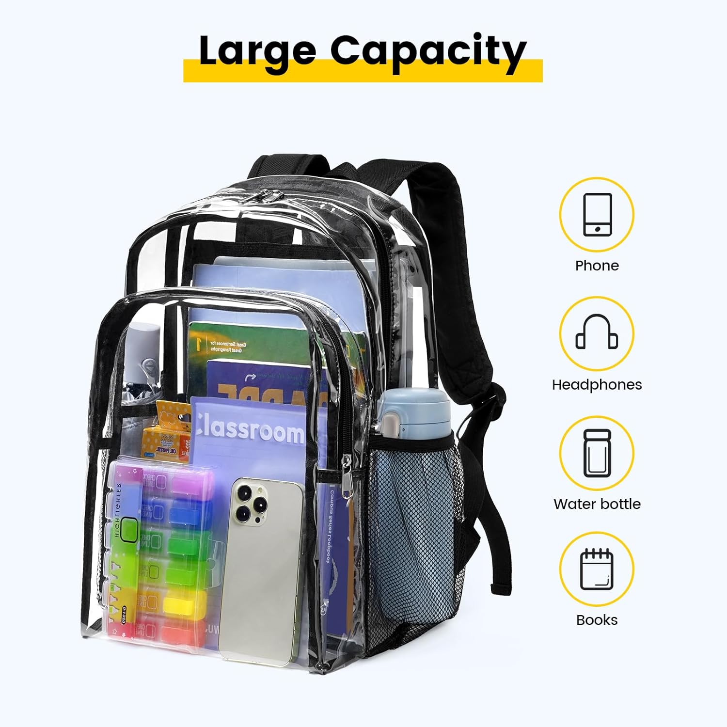 three-pocket layout: main compartment, front zippered pocket, and two side mesh pockets