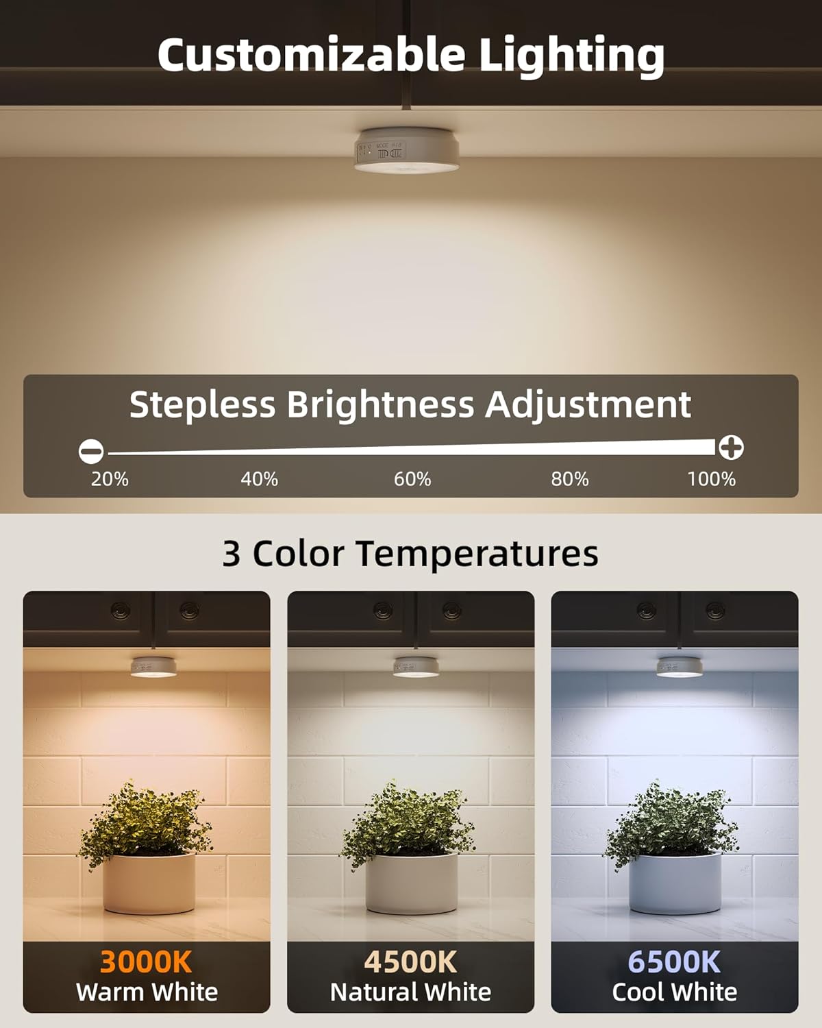 three selectable color temperatures (3000k warm, 4500k natural, 6500k cool) via short press