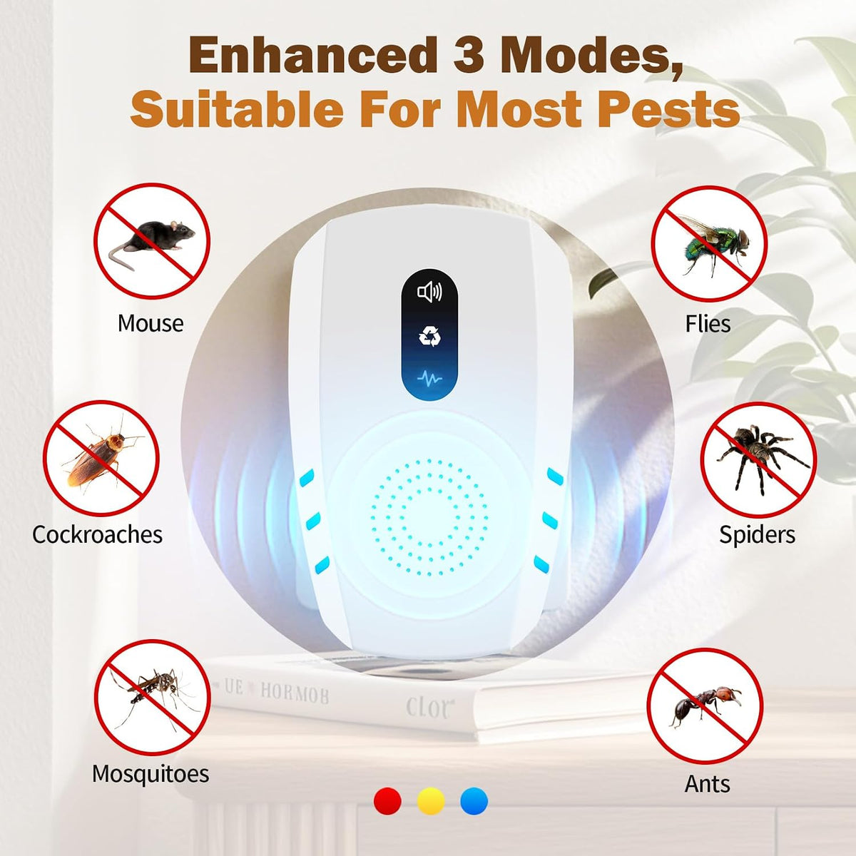 three selectable modes: blue (25–45khz for mosquitoes/gnats/fruit flies), yellow (18–35khz for ants/roaches/spiders), red (10–25khz for rats/mice)