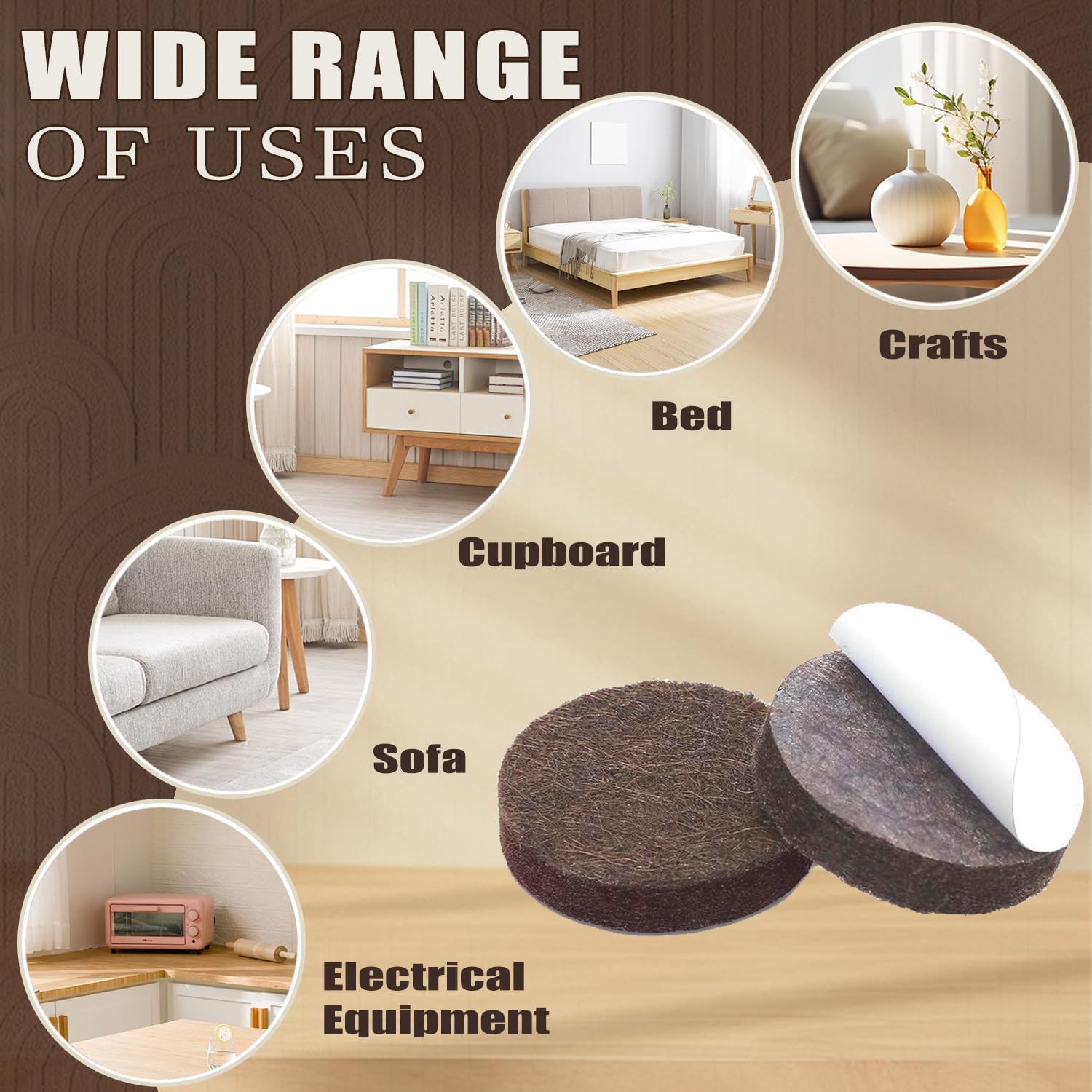 three shape and size options (1" round, 2" round, 2"x2" square) for different furniture leg types