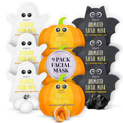 three themed sheet masks per bundle: pumpkin (moisturizing), ghost egg white (pore-refining), bat charcoal (detoxifying)