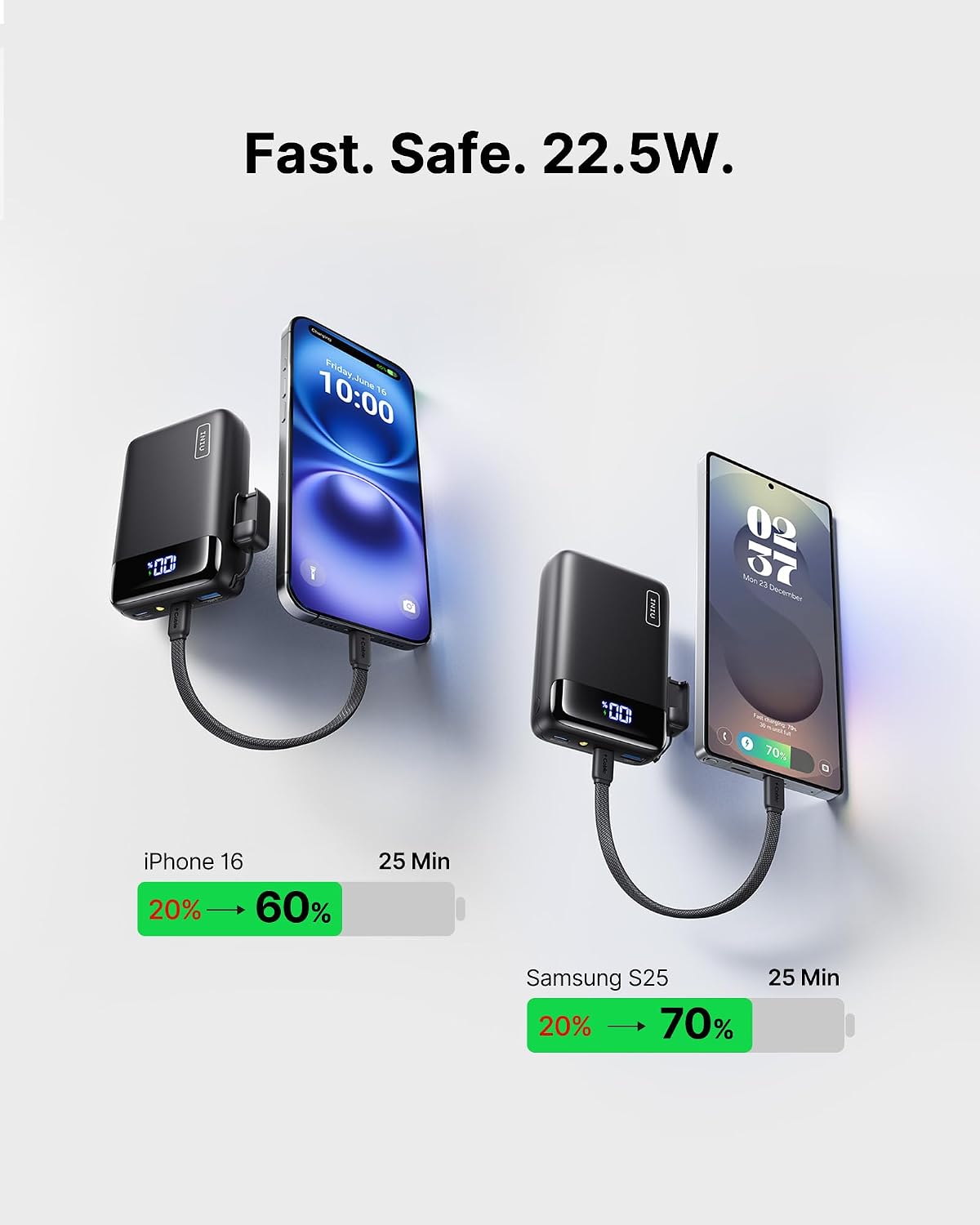 three usb-c ports (2 output + 1 input) for simultaneous multi-device charging