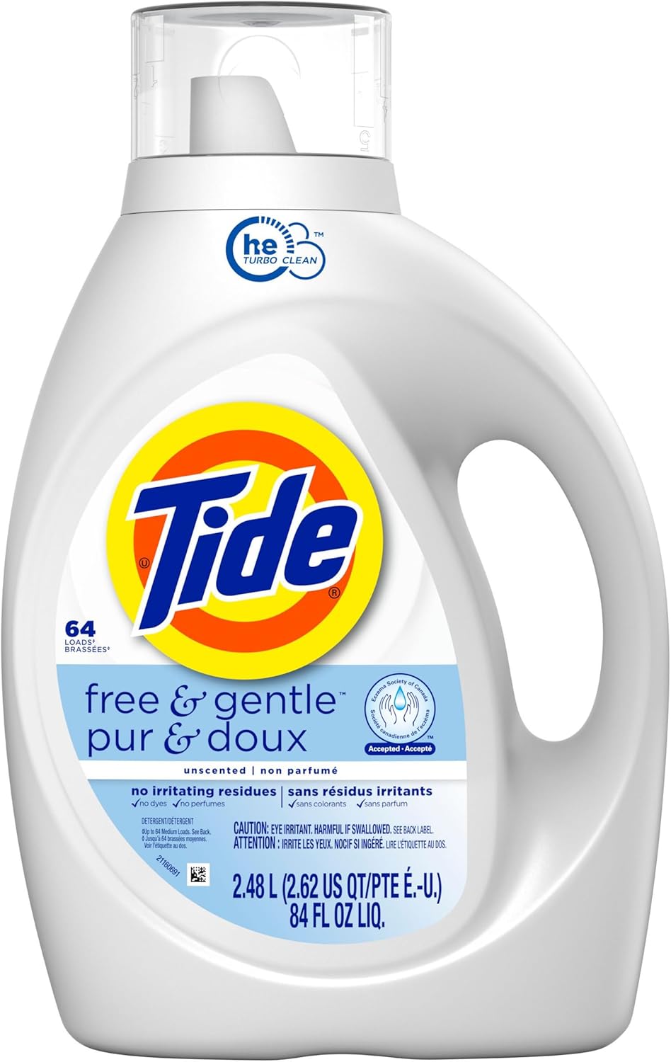 Tide Free and Gentle Laundry Detergent – Hypoallergenic Wash for Adults with Eczema or Dermatitis, Perfume-Free, 84 fl oz