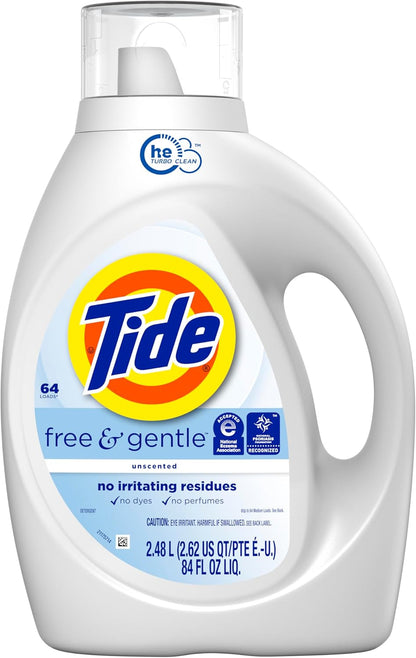 Tide Free & Gentle Laundry Detergent for Allergy-Safe Homes, Certified Fragrance-Free Wash for Sensitive Families