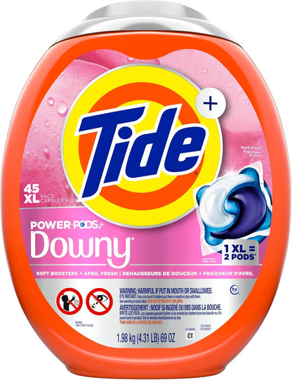 Tide Power PODs with Downy April Fresh 45 Ct, Pre-Measured 2-in-1 Detergent for Minimalist Home Storage