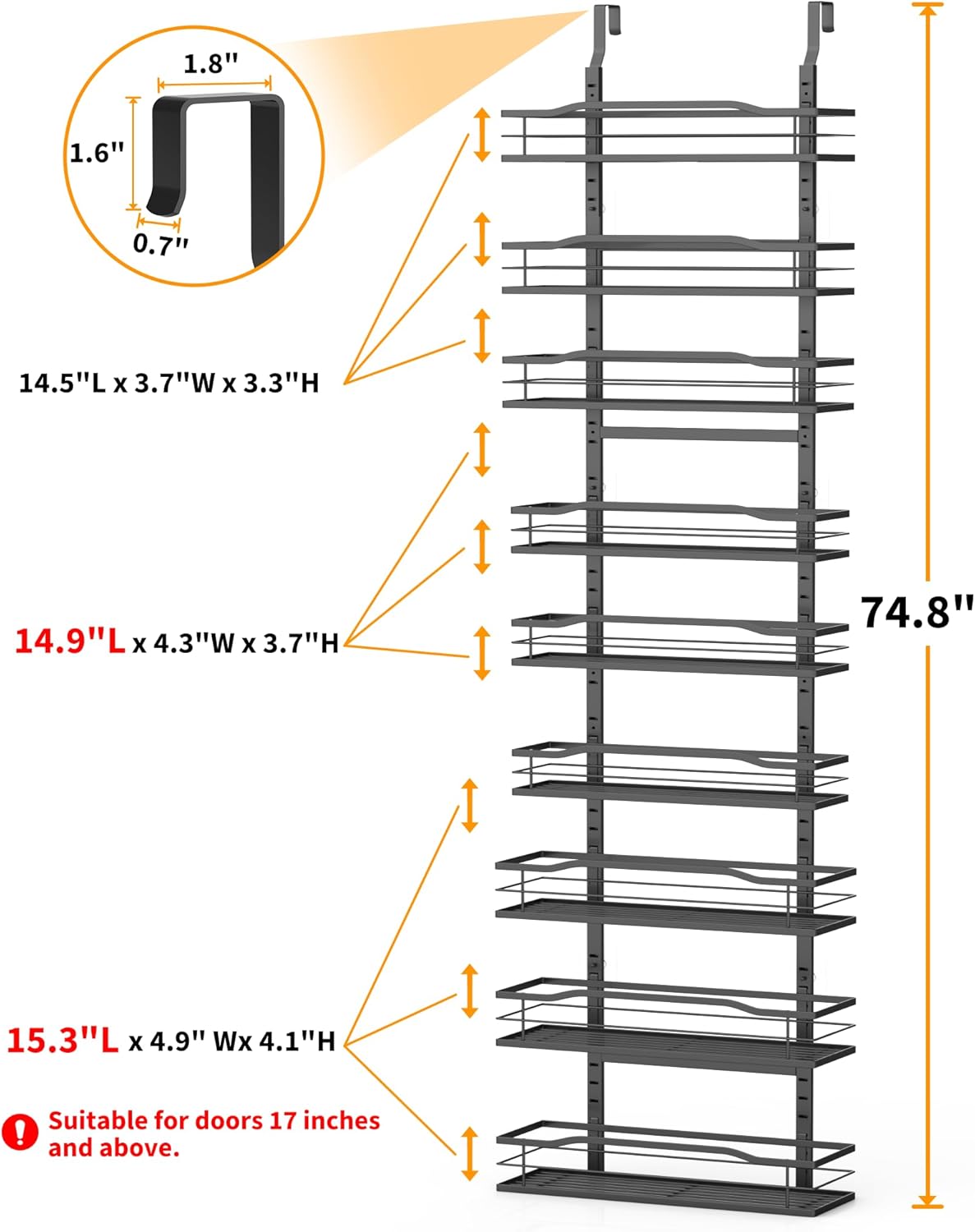 tool-free hanging mount with foam-backed hooks that protect doors and allow closure